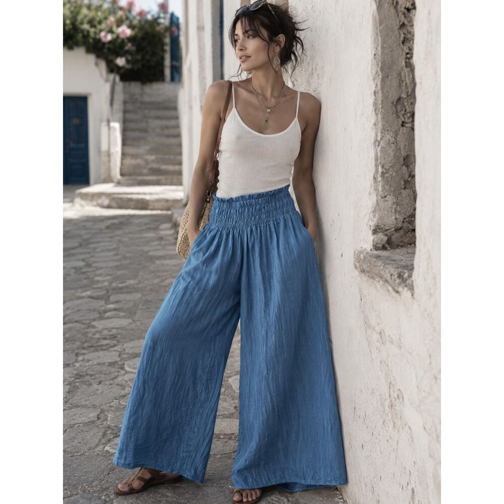 Made In Italy Blue 100% Linen Wide Leg Pants Trousers Women's Size Small - Picture 1 of 12
